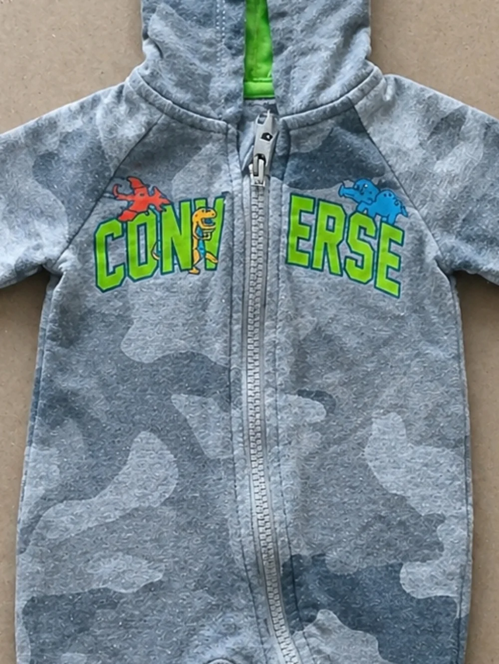 Newborn Baby Converse Grey Camo Dinosaur Print Hooded Cotton One-Piece
